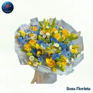 Yellow & Blue Rose Lily Bouquet Milan fresh yellow roses blue roses and lilies