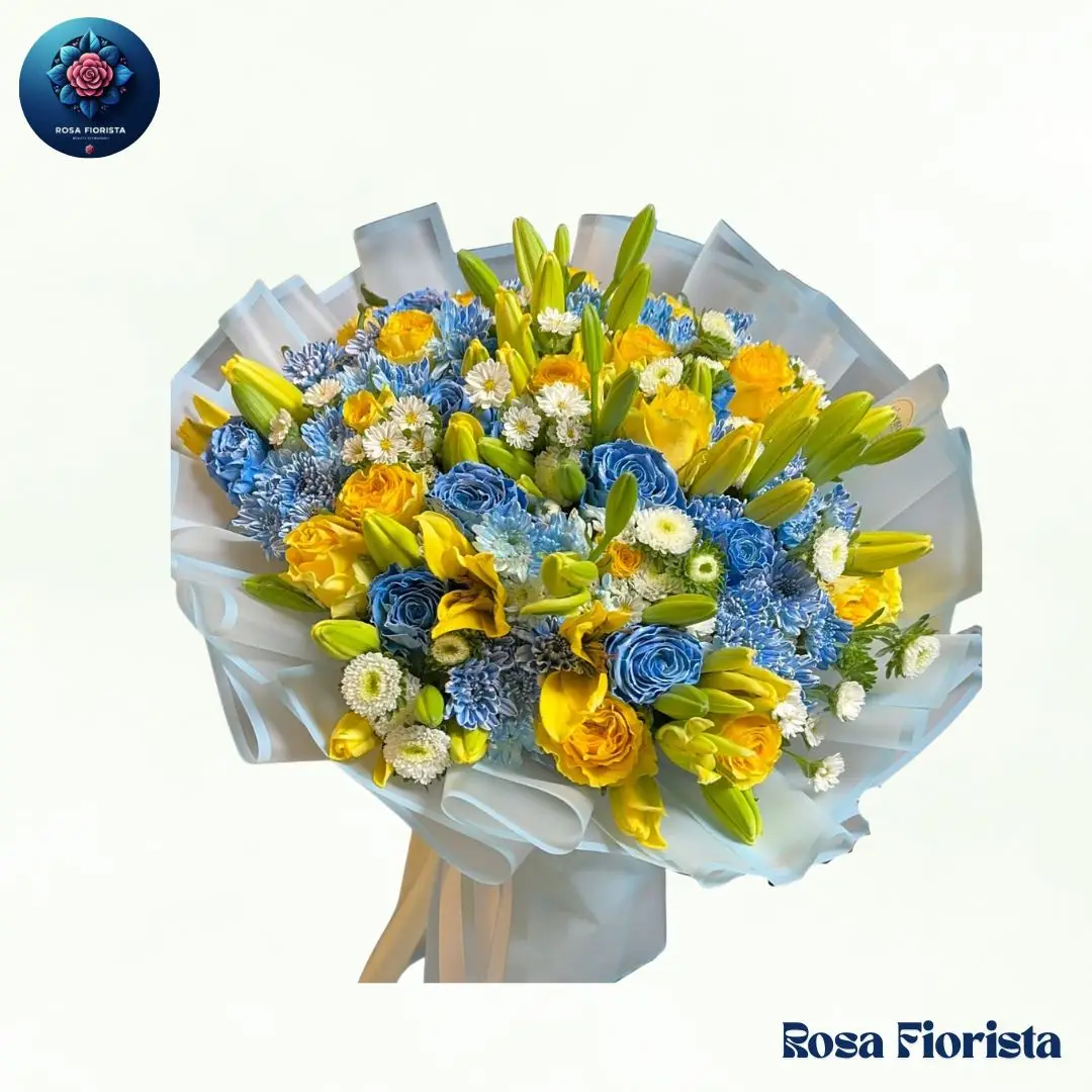 Yellow & Blue Rose Lily Bouquet Milan fresh yellow roses blue roses and lilies