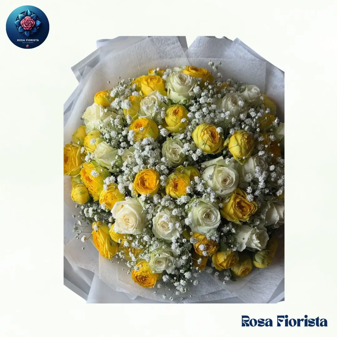 Golden Ivory Rose Mist Bouquet Milan fresh golden and ivory roses