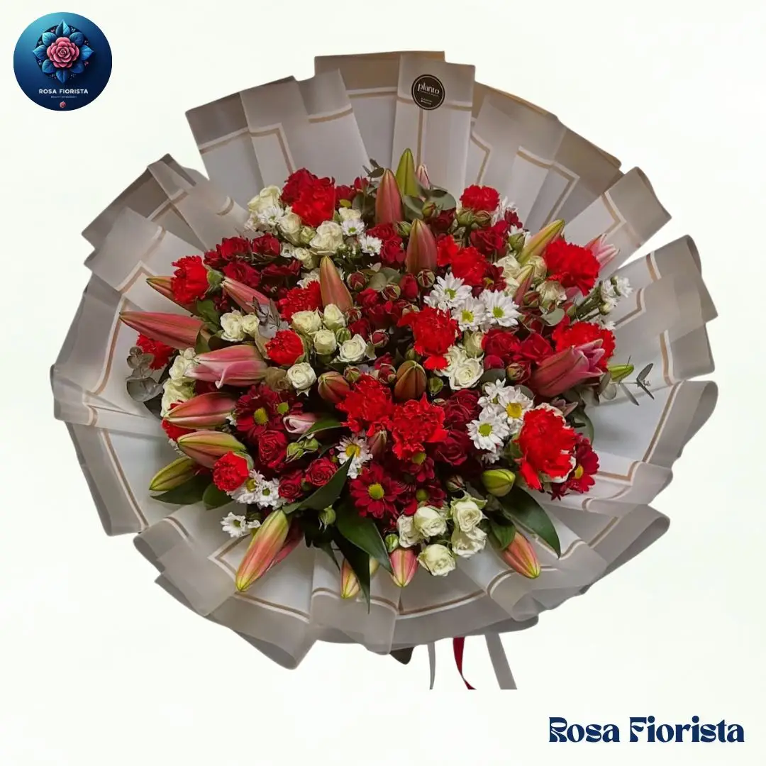 Crimson Lily Rose Medley Bouquet Milan fresh crimson roses and lilies