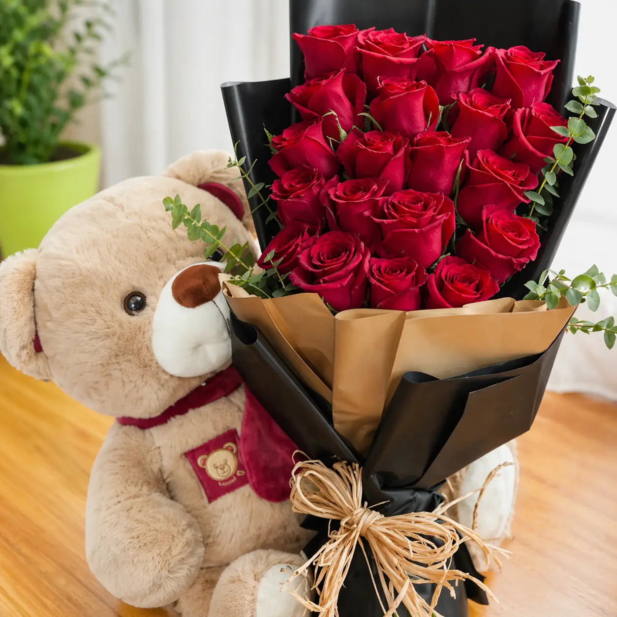 Red Rose Bouquet with Teddy Bear Milan romantic gift combo