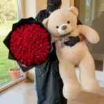 Red Roses & Brown Jumboteddy romantic gift combo with fresh roses and teddy bear, perfect love surprise in Milano.