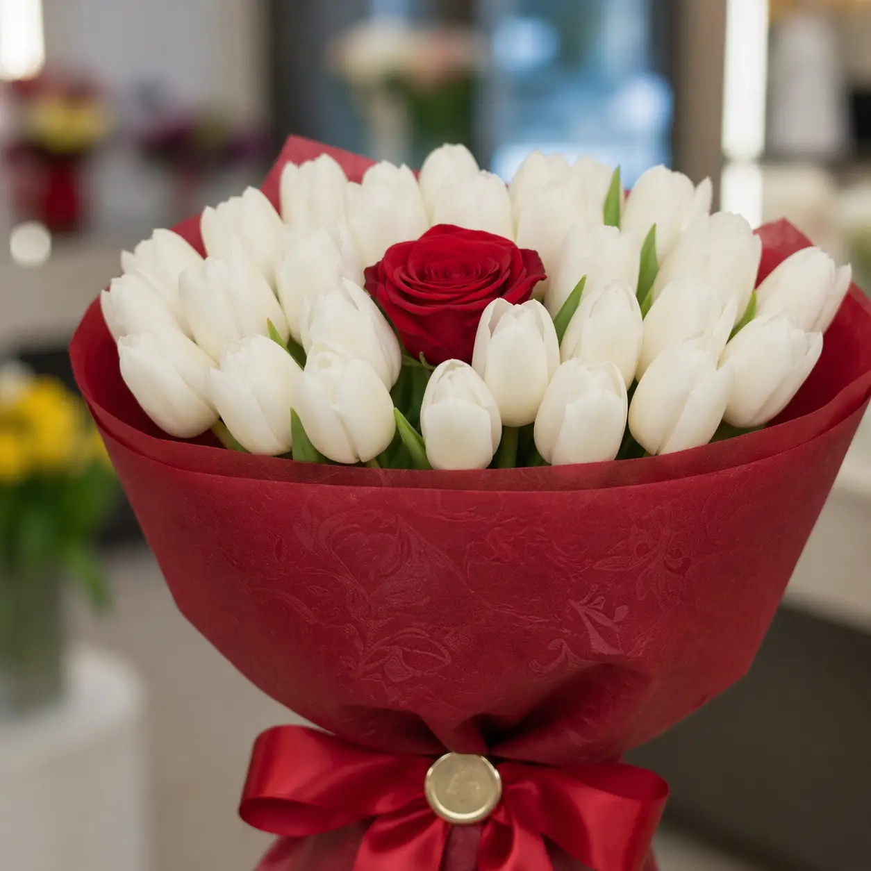 Tulipani Bianchi Rosa Rossa bouquet with fresh white, pink tulips and red roses for romantic gifts in Milano