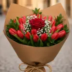 Tulipani Rossi Con Rosa with fresh red tulips and roses arranged elegantly for romantic gift and special occasions in Milano