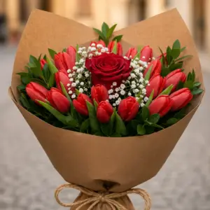 Tulipani Rossi Con Rosa with fresh red tulips and roses arranged elegantly for romantic gift and special occasions in Milano