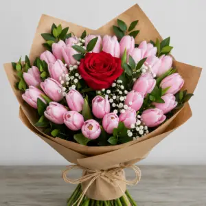 Tulipani Rosa Con Rose Rossa romantic bouquet of pink tulips and red roses perfect luxury gift in Milano