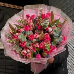 Rosy Lily Eucalyptus Charm Bouquet Milan fresh roses lilies and eucalyptus