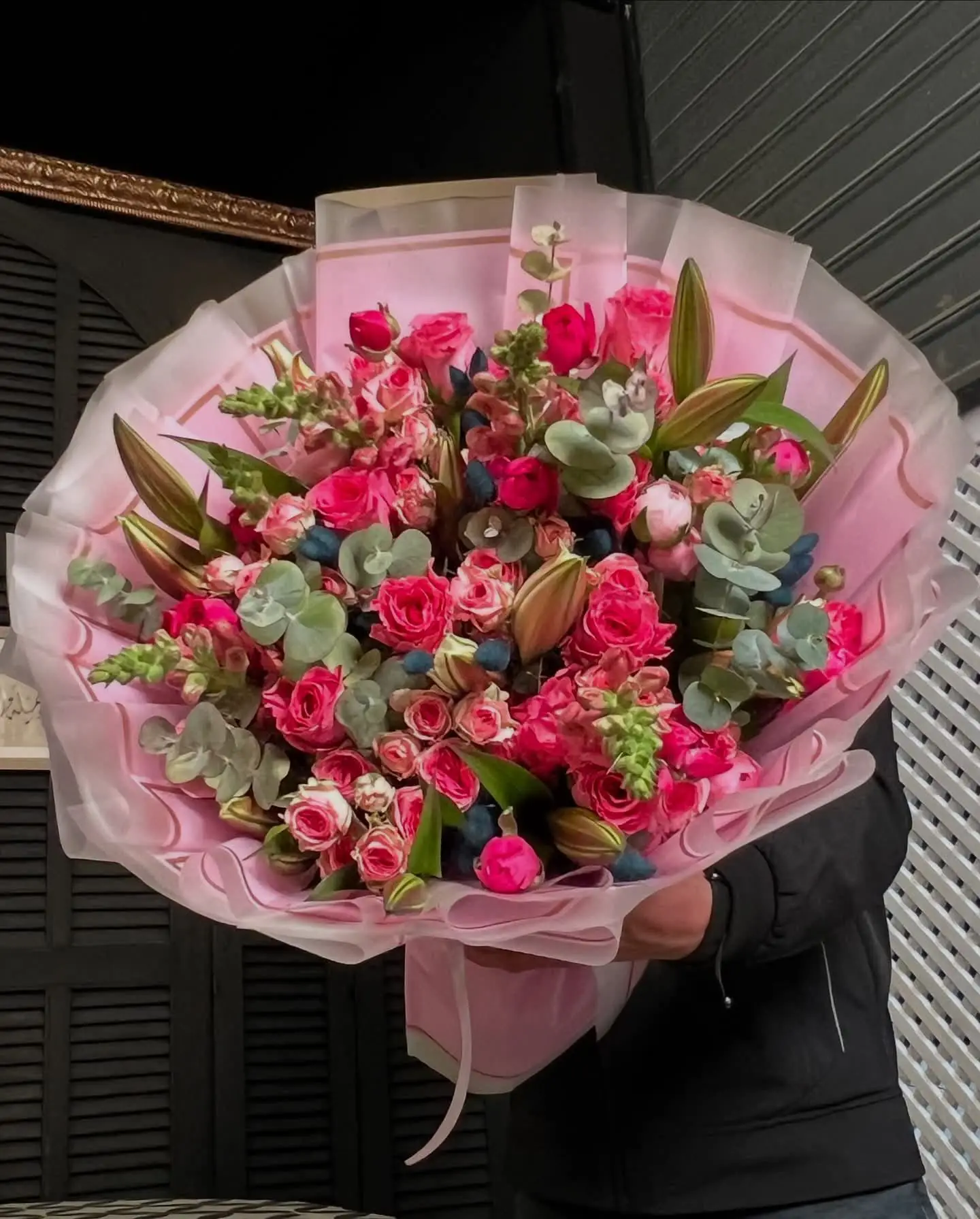 Rosy Lily Eucalyptus Charm Bouquet Milan fresh roses lilies and eucalyptus