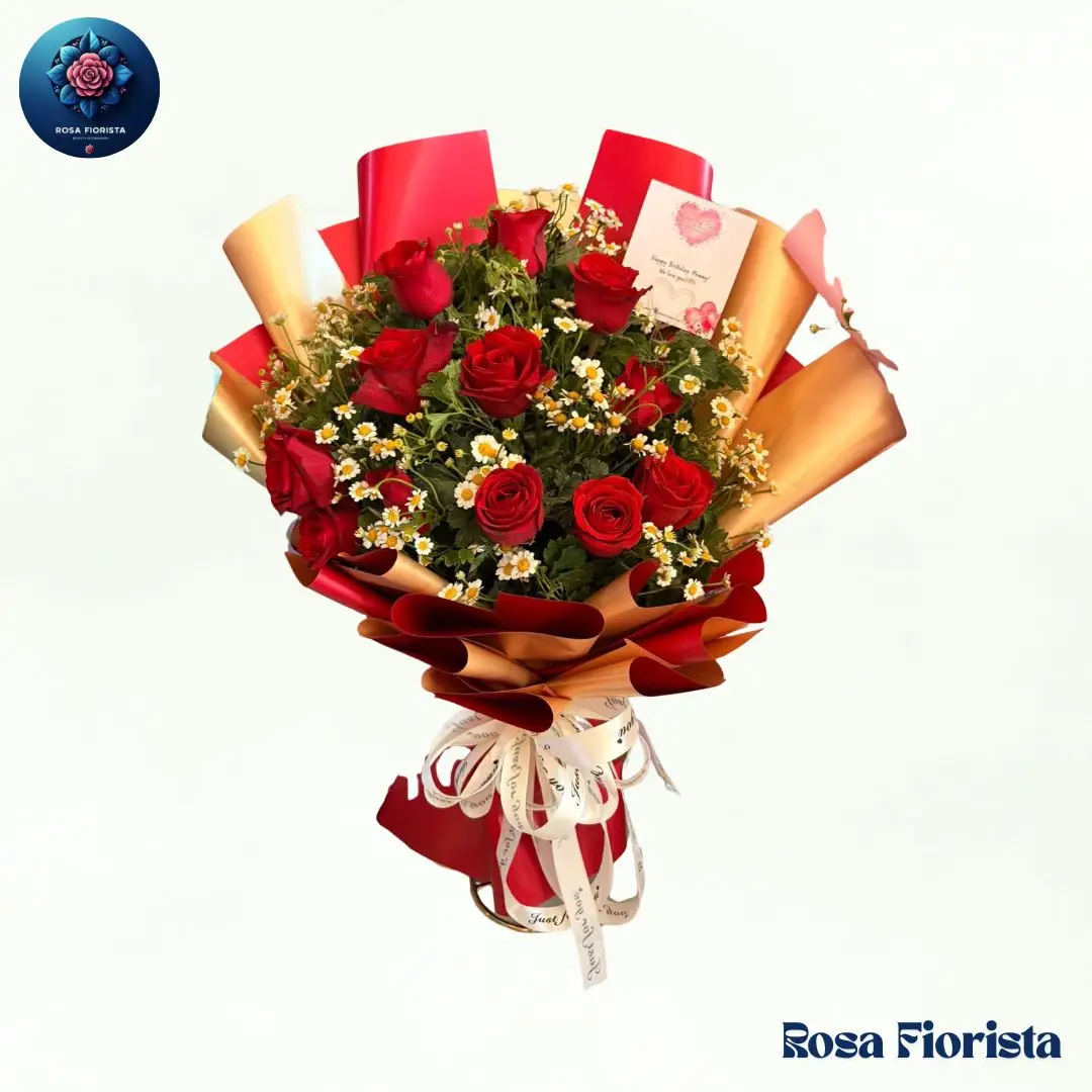 Ruby Rose Chamomile Bouquet Milan fresh ruby roses and chamomile flowers