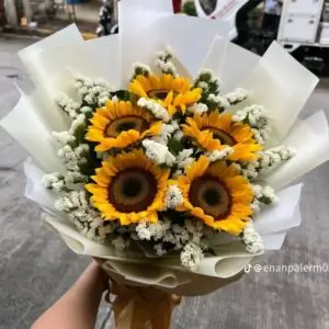Sunflower with Gypso fresh bouquet with bright sunflowers and gypsophila symbolizing joy, positivity, and elegant floral gifting.