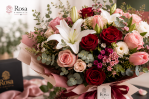 Close-up of a completed Rosa Fiorista bouquet