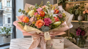Colourful birthday bouquet prepared by Rosa Fiorista