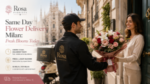 Delivery person presenting a fresh bouquet outside a Milan apartment
