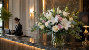 Elegant bouquet at a hotel reception or corporate desk