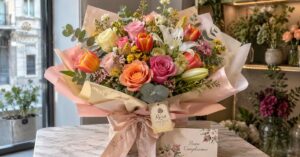 Colourful birthday bouquet prepared by Rosa Fiorista