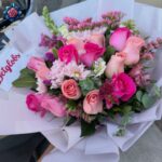 Mix Bouquet for Lover with hot-pink and blush roses, pink chrysanthemums, white alstroemeria and purple statice.