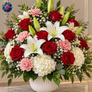 Best Mix Bouquet in Milano with red roses, white lilies, pink carnations and hydrangeas in an elegant white vase.