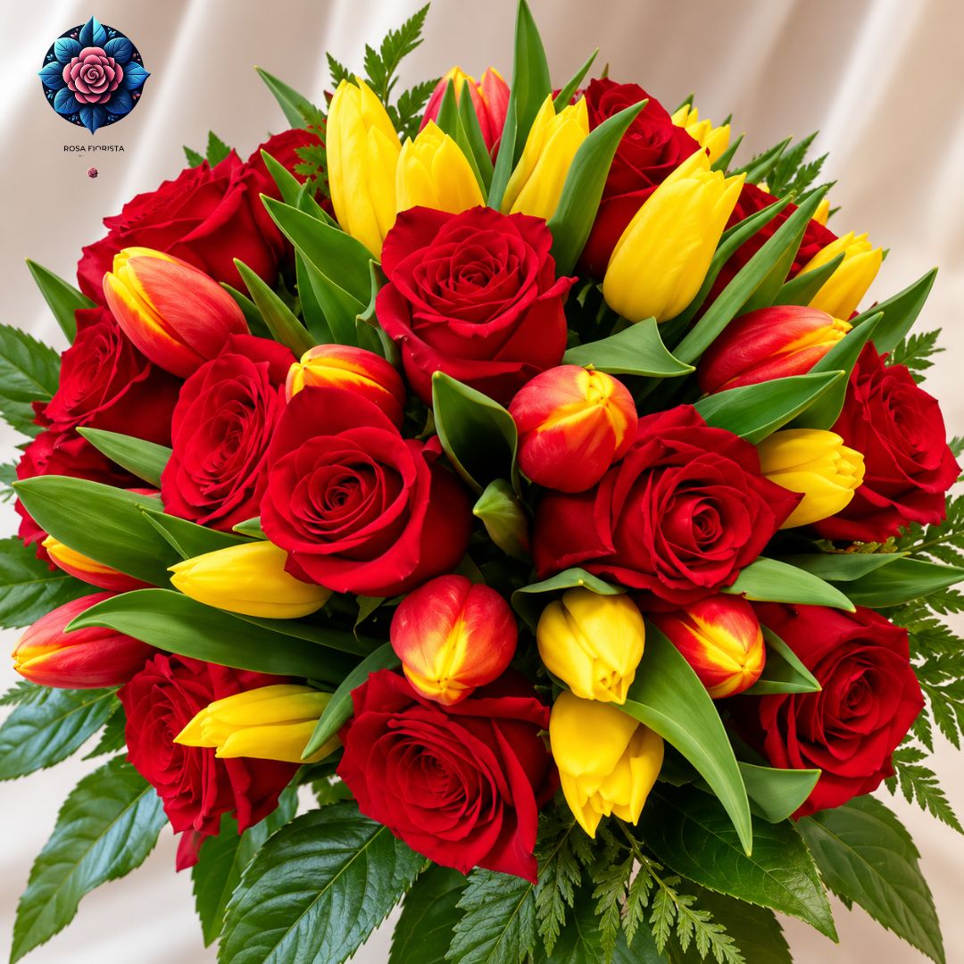 Bouquet di Tulipani con Rose Rosse with fresh tulips and red roses in Milan