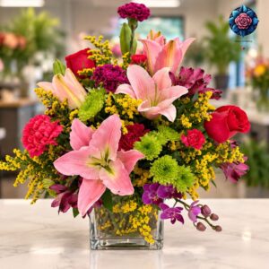 Bouqute Di Mixto with pink lilies, red roses, carnations, green chrysanthemums and purple orchids in Milano.