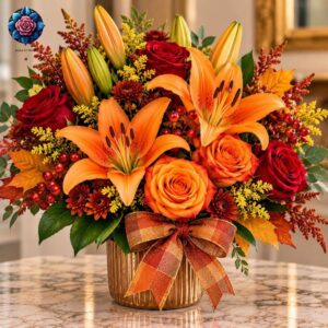 Composizione Floreale Autunnale, an elegant autumn-inspired seasonal flower arrangement from Rosa Fiorista Milano.