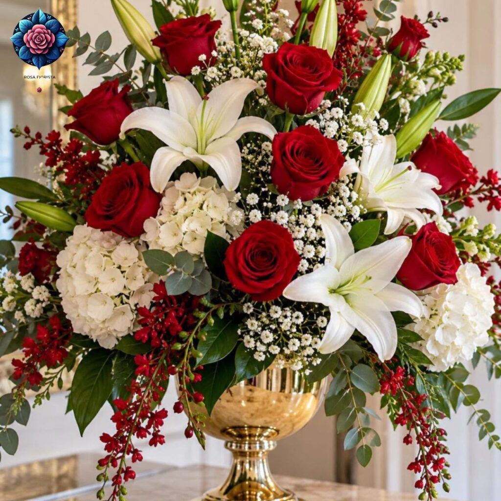 Luxury Mix Bouqet for gift with red roses, white lilies, hydrangeas and gypsophila in a golden vase in Milano.