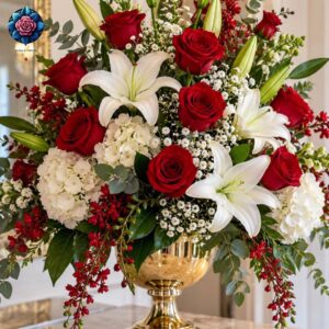 Luxury Mix Bouqet for gift with red roses, white lilies, hydrangeas and gypsophila in a golden vase in Milano.
