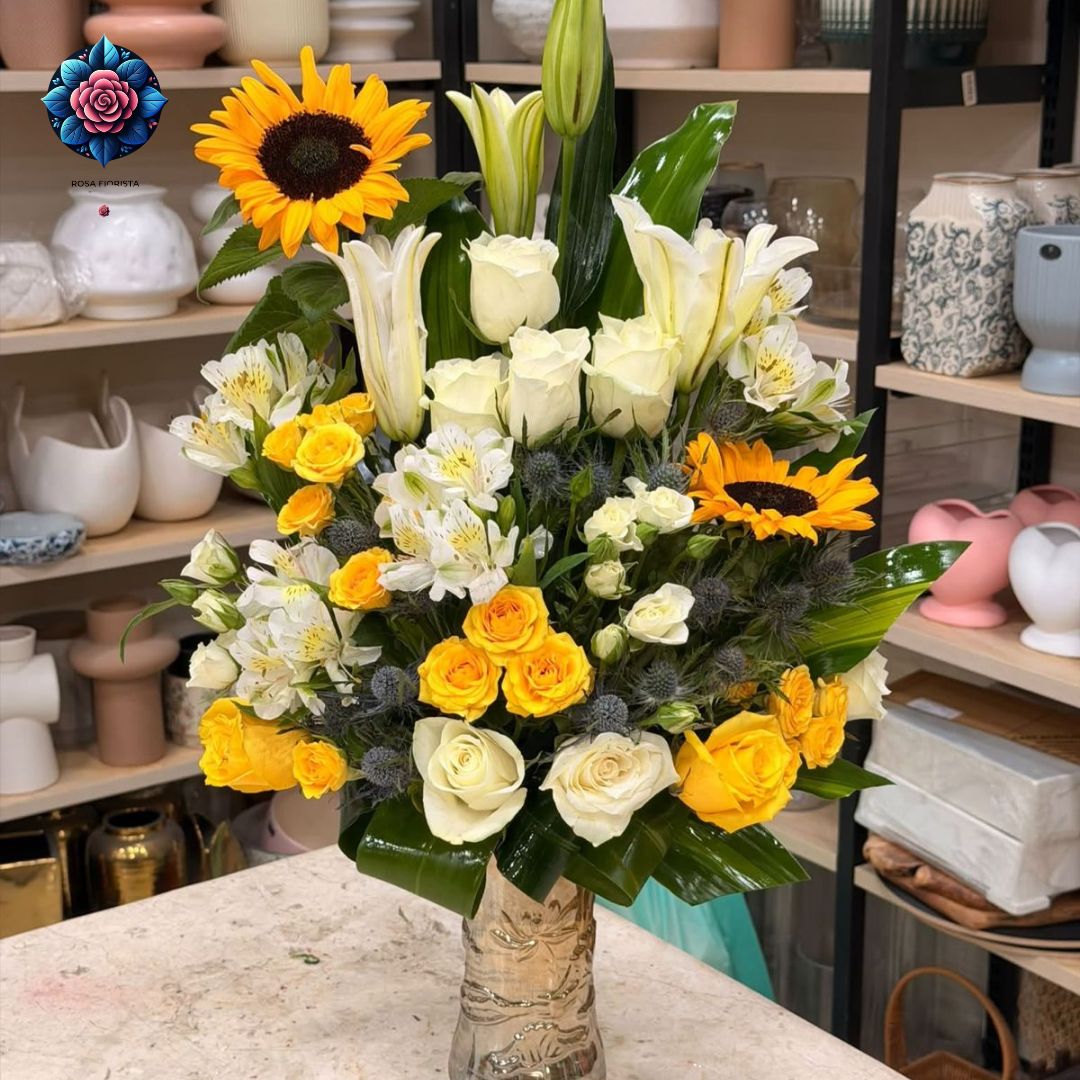 Mix Bouquet 014 with sunflower white roses and yellow roses in Milan