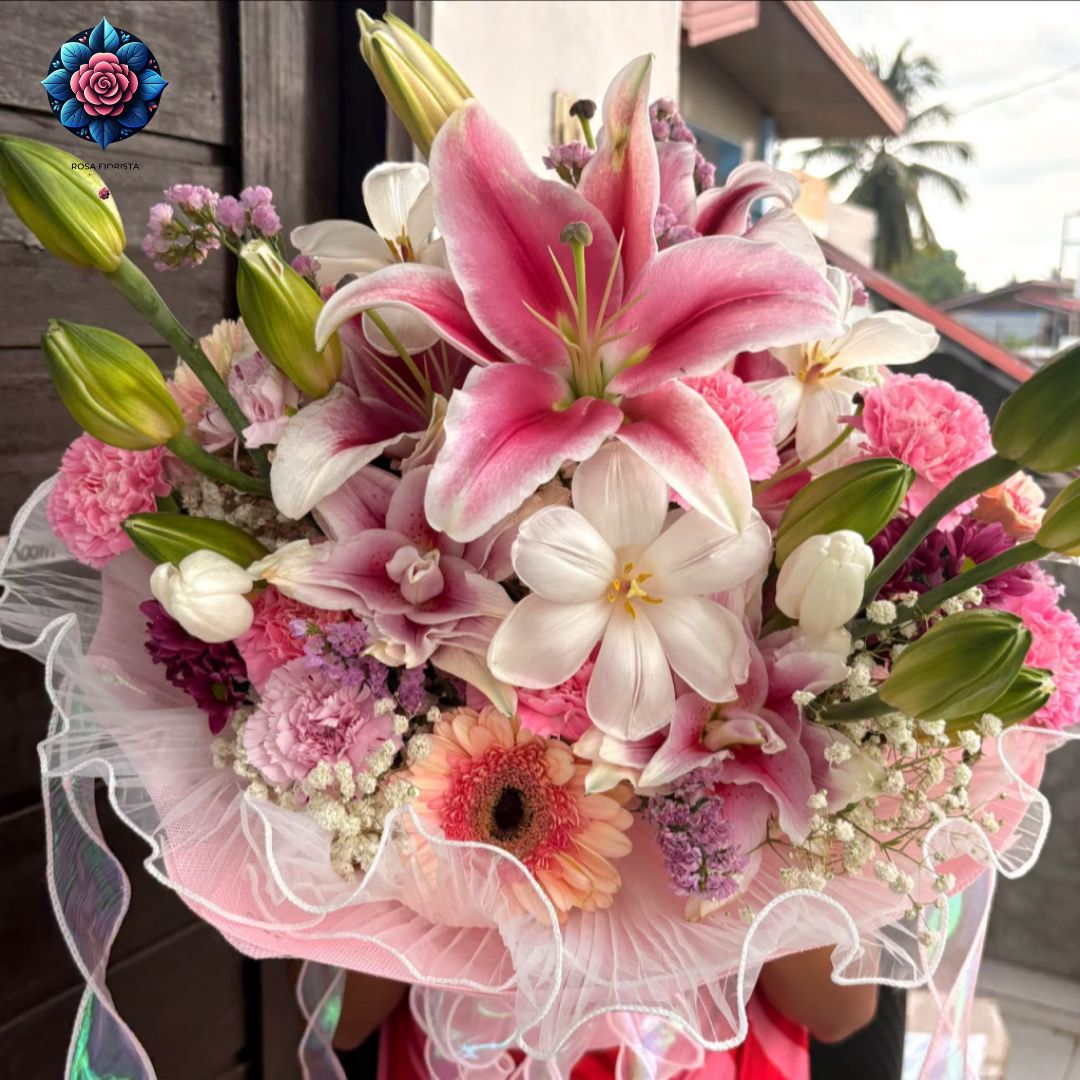 Mix Bouquet 021 with white tulips Stargazer lilies roses gerberas and carnations in Milan