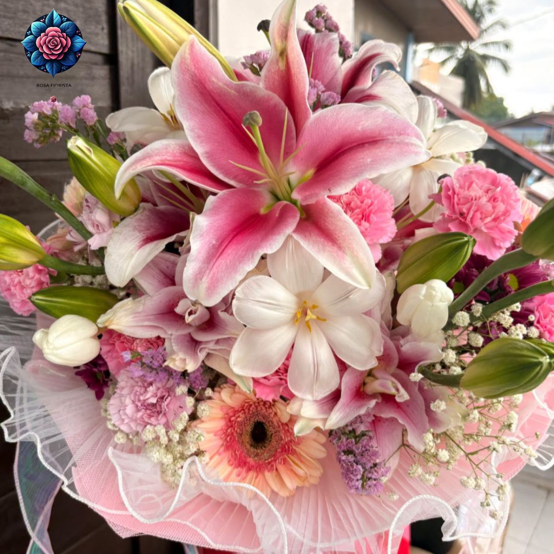 Mix Bouquet 021 with white tulips Stargazer lilies roses gerberas and carnations in Milan
