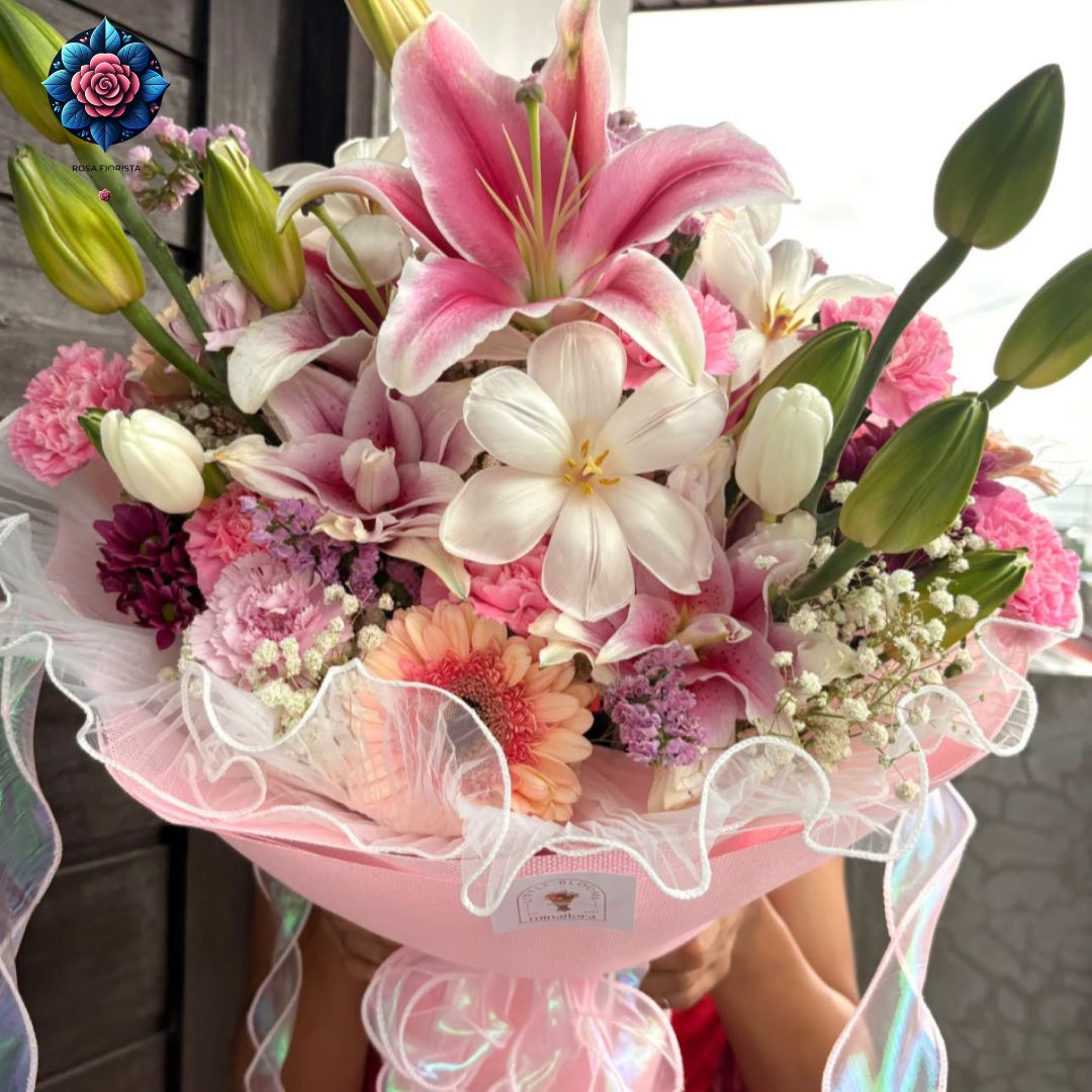 Mix Bouquet 021 with white tulips Stargazer lilies roses gerberas and carnations in Milan