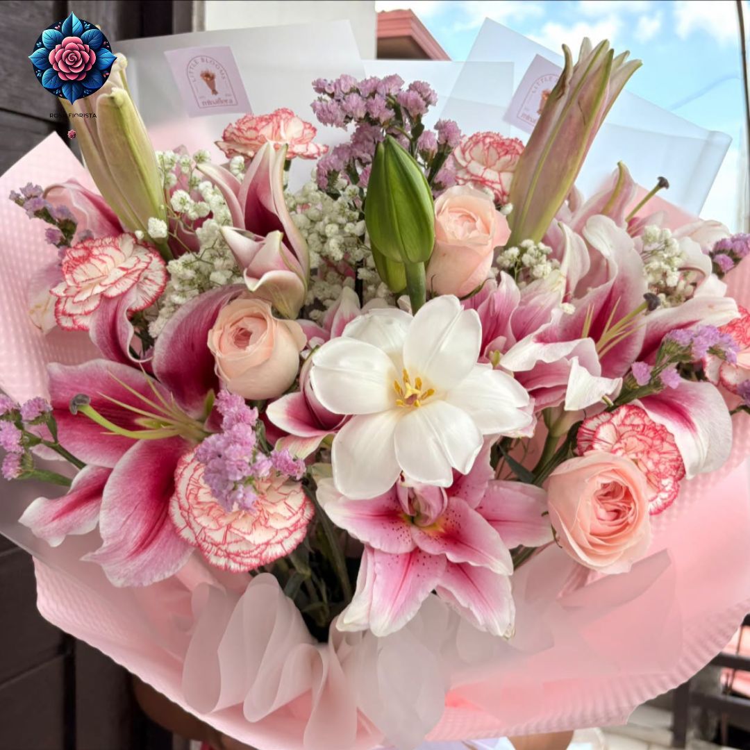 Mixed Bouquet 022 with roses Stargazer lilies tulips carnations and China roses