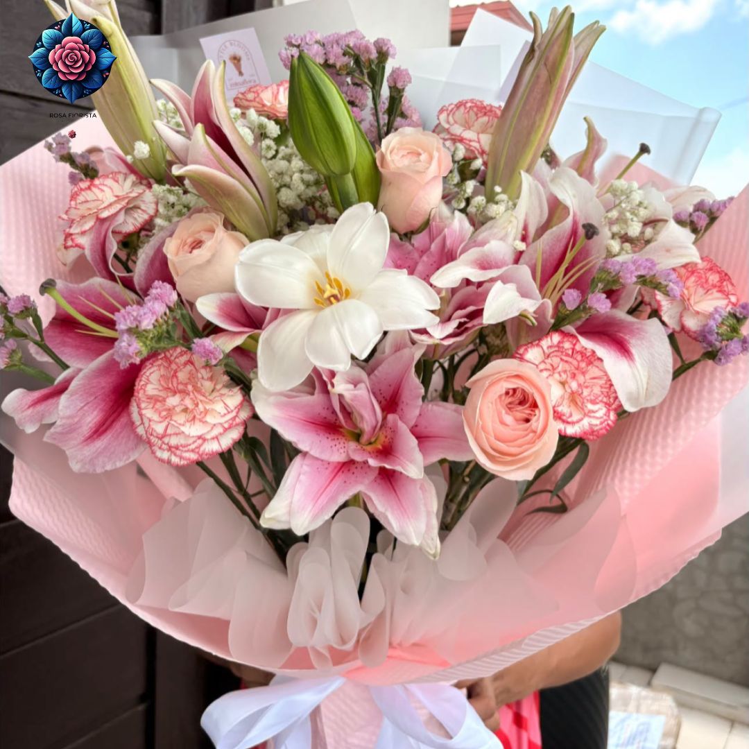 Mixed Bouquet 022 with roses Stargazer lilies tulips carnations and China roses