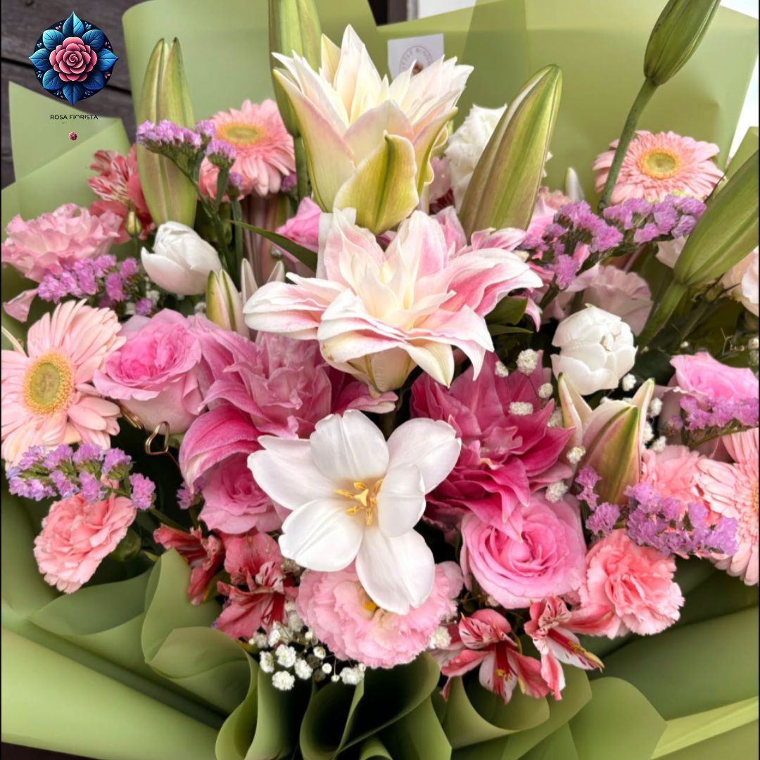 Mix Bouquet 024 with tulips roselilies stargazer China roses lisianthus carnations and gerberas in Milan