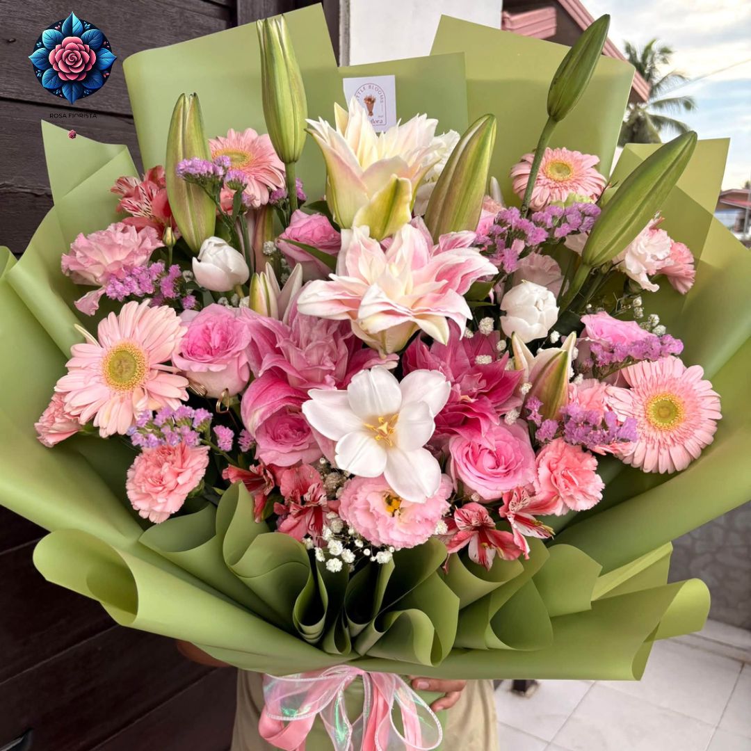 Mix Bouquet 024 with tulips roselilies stargazer China roses lisianthus carnations and gerberas in Milan