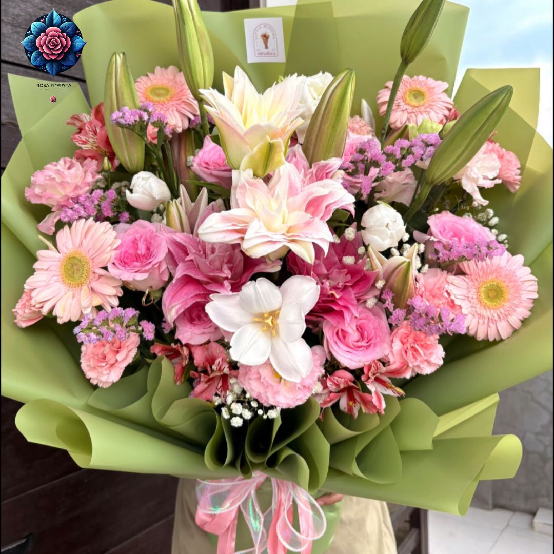 Mix Bouquet 024 with tulips roselilies stargazer China roses lisianthus carnations and gerberas in Milan