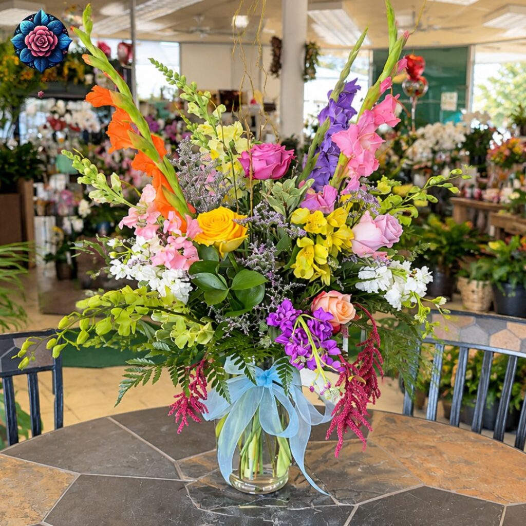 Mix Bouquet Gift for You with orange and pink gladiolus, yellow and blush roses, purple flowers and a blue ribbon on a glass vase.