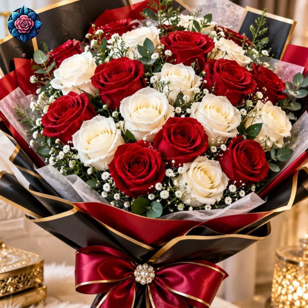 Mix Bouquet for Luxury Gift with red and ivory roses, gypsophila and black-gold wrapping with a burgundy bow.