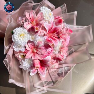 Mix Bouquet for You featuring pink lilies, white ruffled flowers and soft pink blooms in elegant wrapping.