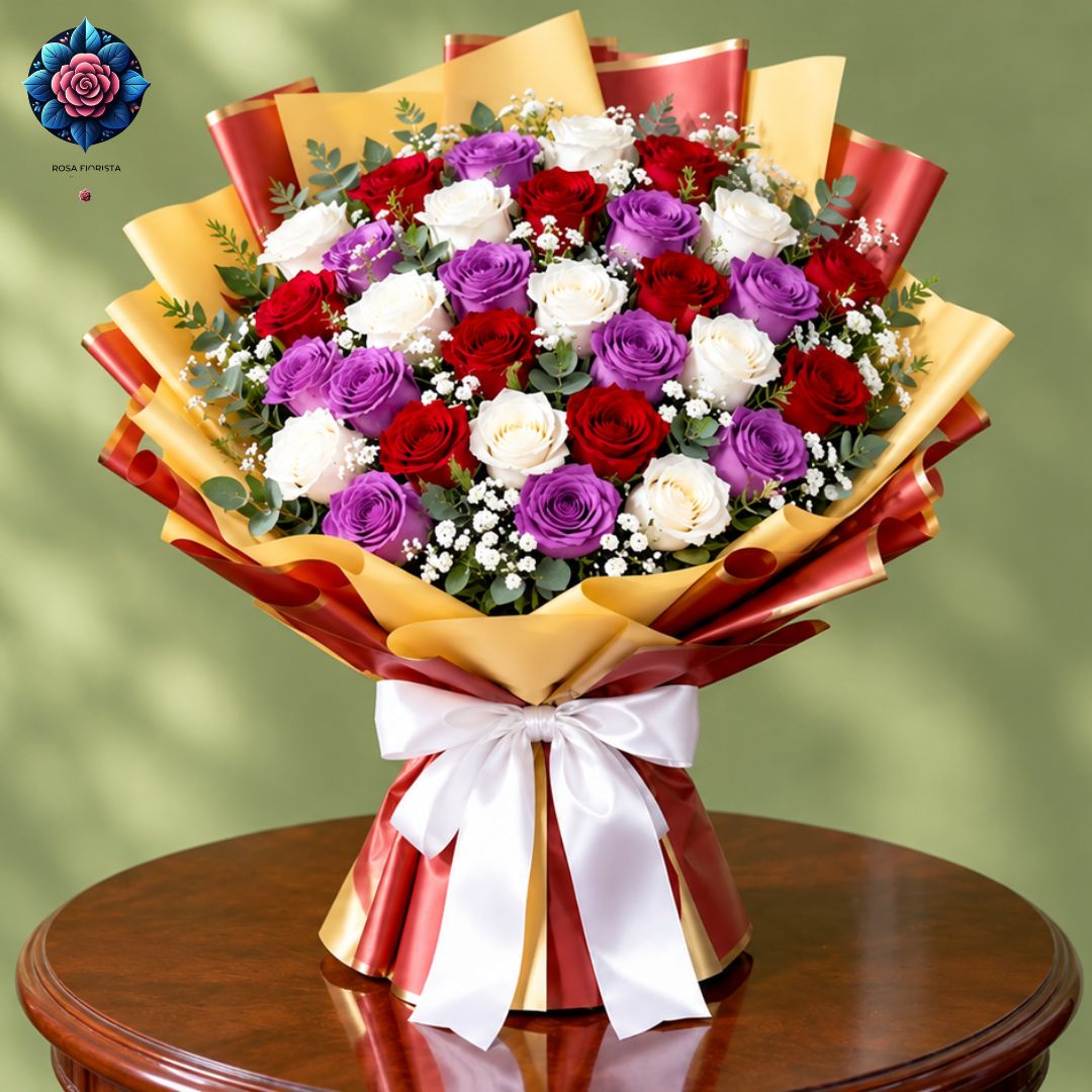 Mix Bouquet of Rosa with red, white and purple roses, gypsophila and greenery in luxurious gold-and-red wrapping with a white satin bow.