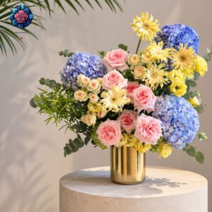 Mix bouqet with Vazu featuring blue hydrangeas, pink roses and pale yellow flowers in a golden vase in Milano.