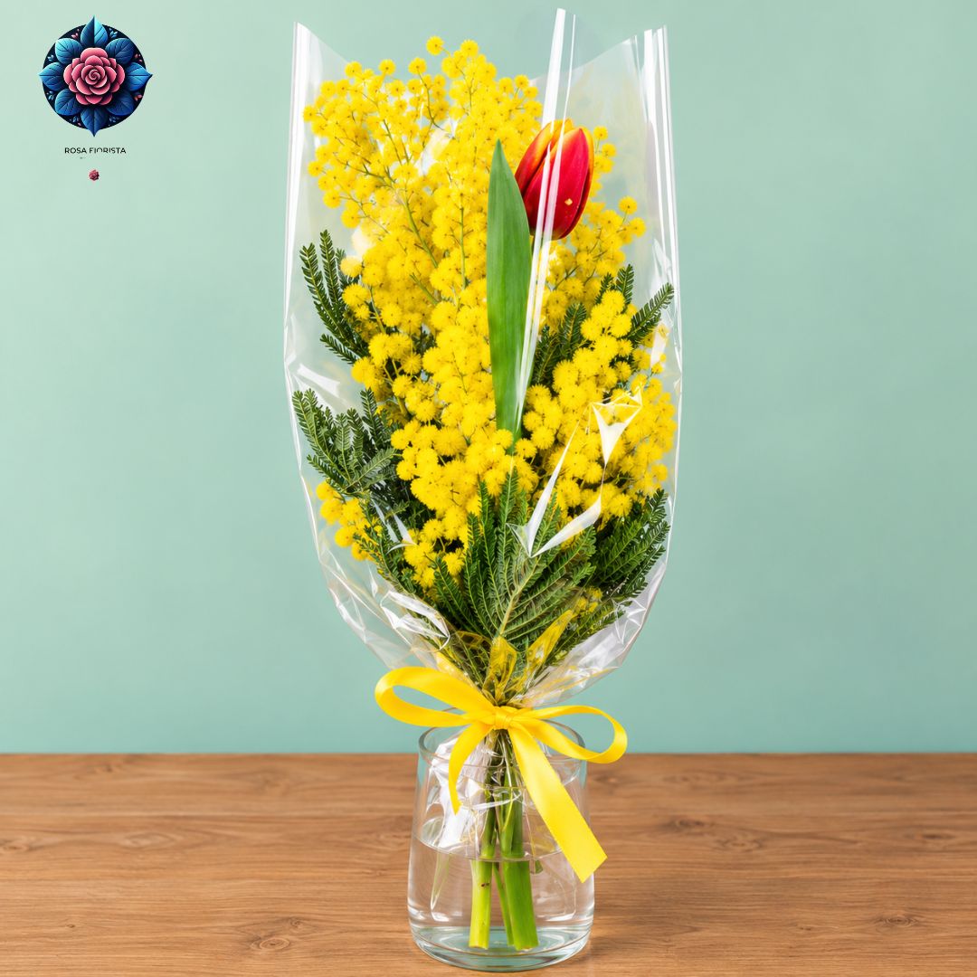 Piccolo Bouquet di Mimosa e Tulipani with fresh mimosa and tulips in Milan