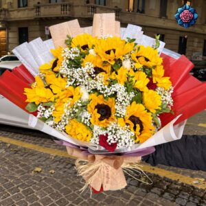 Sunflower Mix Bouquet with yellow sunflowers, white gypsophila, red roses and red paper wrapping in Milano.