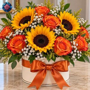 Sunflower with rose mix bouquet featuring yellow sunflowers, orange roses and delicate white filler flowers in a round gift arrangement.