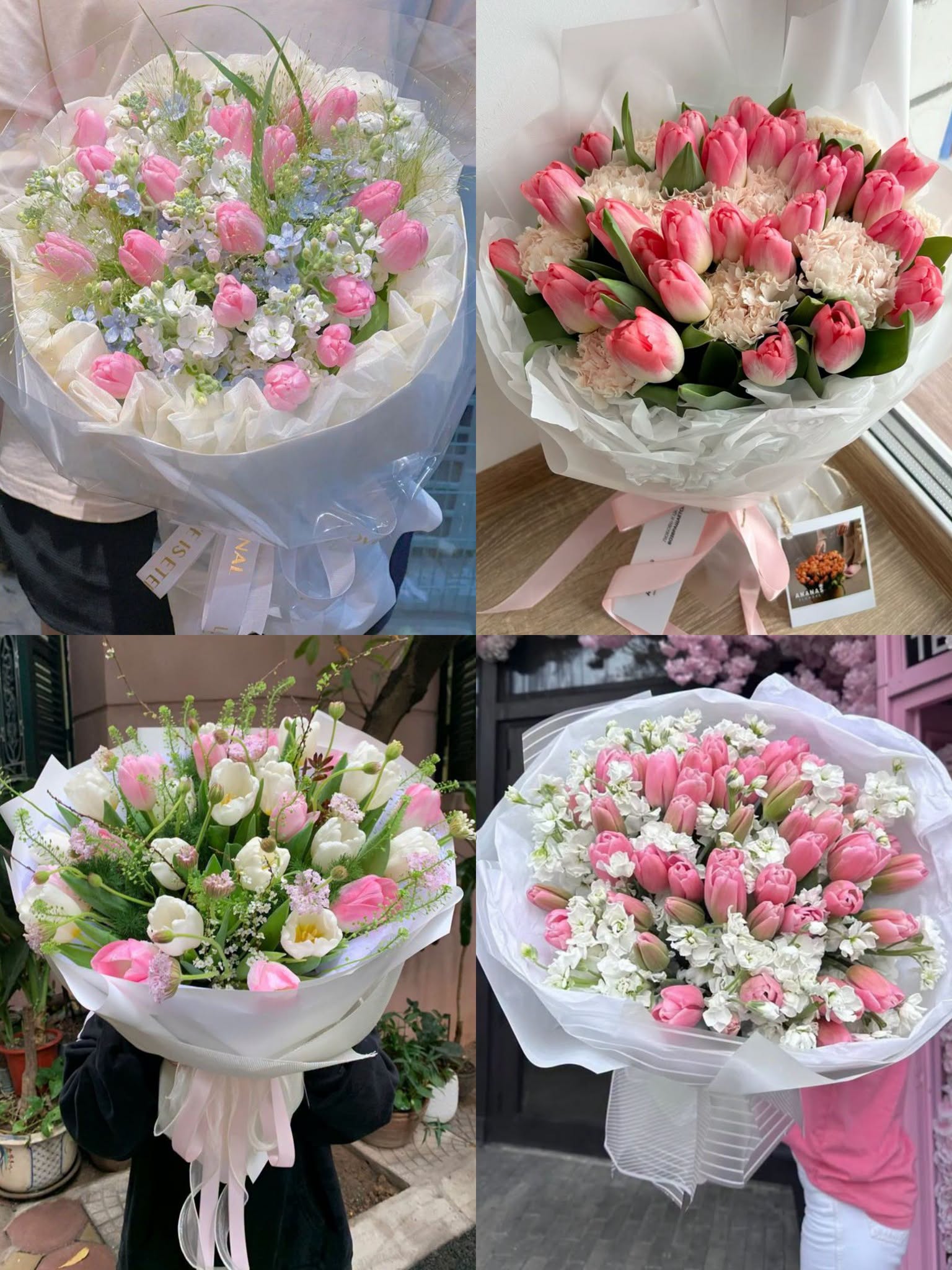 Tulipani rosa e bianchi in elegant fresh bouquets, available from Rosa Fiorista in Milano.